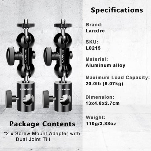 Light Stand Mount Adapter (2 Packs) with Double Ball Head, Compatible with Ring Light, Max Load 4.4lb/2kg