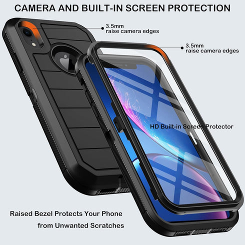 for iPhone XR Case with Built-in Screen Protector,Belt Clip Holster,Heavy Duty Shockproof Drop Protection Military Grade Rugged Full Body Durable Phone Cover with Kickstand (Black)