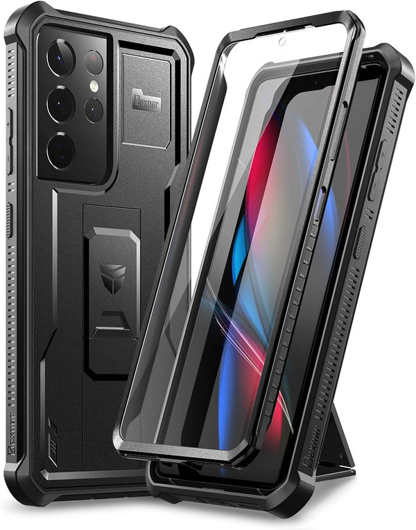 Dexnor Galaxy S21 Ultra Case - Heavy Duty Shockproof Cover with Built-in Screen Protector & Kickstand, 6.8" Black.