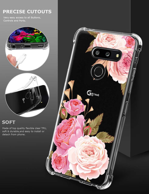 Floral Clear Pretty Phone Case for LG G8 ThinQ (2019 Release), Flower Design Transparent Slim Soft Drop Proof Cover