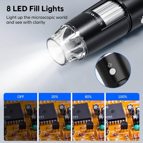 USB Digital Microscope, 50x-1600x Magnification Handheld, 1440P HD with 8 LED Lights, Portable for iOS and Android