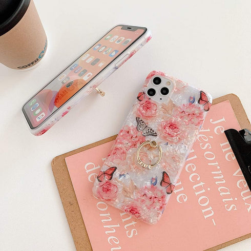 Qokey iPhone Xs Max Case 6.5 inch, Clear Flower Design with 360 Degree Rotating Ring Stand Holder - Rose Butterfly