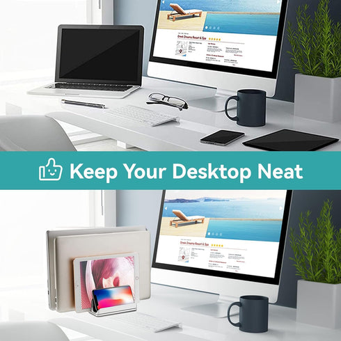 Vertical Laptop Stand Holder, 3 Slot Adjustable Dock Size, Space-Saving Desktop Holder for Computer, Tablet, Phone