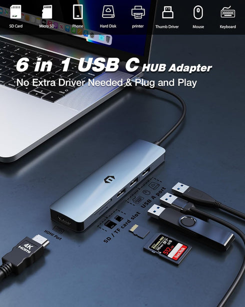 Tymyp 6 1 3.0, 4K 2 2.0, USB C HUB, in USB C Adapter, Including USB HDMI, x USB SD/TF Card Reader, Docking Station