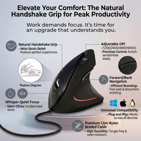 ROCK&ROWN Cable,6 Buttons,6400 Wired Ergonomic Mouse,Vertical Mouse with Nylon-Braided Adjustable DPI,Silent Mouse