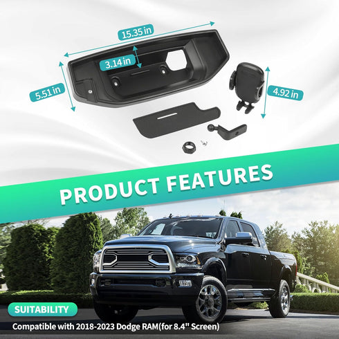 Multi-Mount Dash Phone Holder with Arm Metal Rod for Dodge RAM 2018-2023 (for 8.4" Screen), Phone Mount Storage Tray