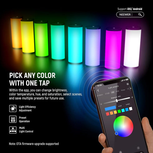 NEEWER Magnetic Handheld Light Wand - 360° RGB Mini LED Video Light Stick with APP Control for Photography
