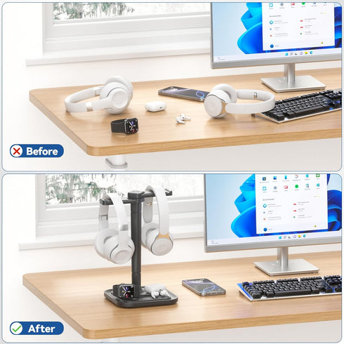 KDD Headset Dual Headphone Stand for Desk - Rotatable Hanger with Phone Holder - Removable Non-Slip Base for Gamers