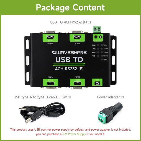 Waveshare Industrial Isolated USB to 4CH RS232 Converter (DB9 Female Interface), Adopts Original FT4232HL Chip,
