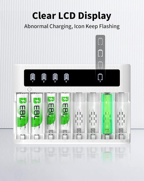 EBL 8 4 2800mAh 4 1100mAh Bay Battery Charger with LCD Screen, Fast Charging for AA AAA Batteries, Includes AA and AAA