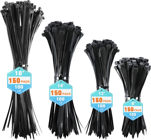 Zip Ties Assorted Sizes, RAZCC 600 Pack (8+12+14+18Inch) Black Cable Ties, Self-Locking