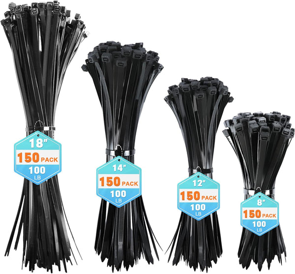Zip Ties Assorted Sizes, RAZCC 600 Pack (8+12+14+18Inch) Black Cable Ties, Self-Locking