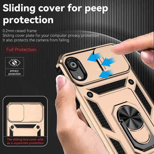 Hitaoyou iPhone XR Case with Camera Cover, Military Grade Shockproof Heavy Duty Protective Case with Stand, Gold