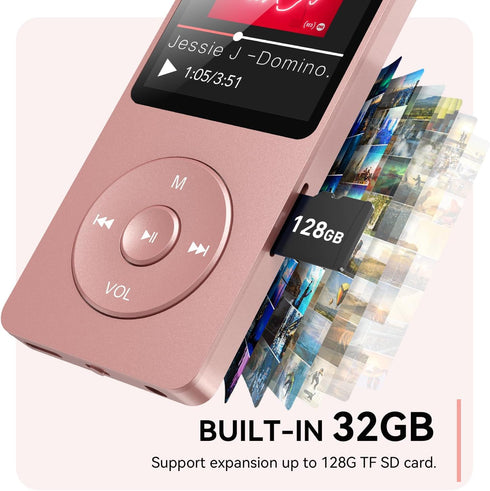 AGPTEK A02 MP3 5.3, 1.8 inch 128GB(Rose 32GB) Player with Bluetooth Screen Portable Music Player with Speaker, FM