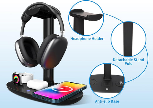 4 in 1 Headphone Stand with 15w Qi Charging Station, Detachable Design for Travel, Home, Hotel