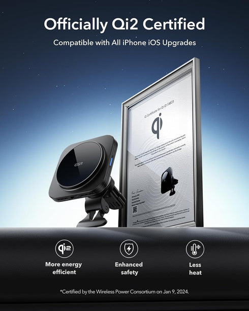 ESR Qi2 15W MagSafe Car Mount Charger, Air Vent/Dashboard Magnetic Wireless Charger for iPhone 15/14/13/12, Black