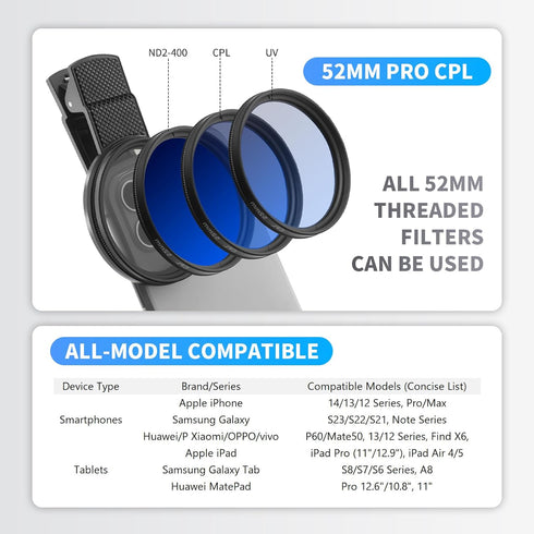 HGEKLIZV 52mm Circular Polarizing Filter Clip for Smartphones - Optical Glass CPL Lens with Rotating Frame & PU Case |