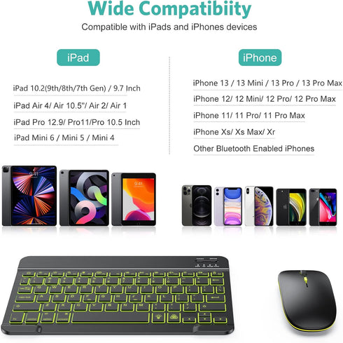 TECURS Bluetooth Keyboard & Mouse Combo for iPad, 7-Color Backlit, Rechargeable, Compatible with iPad 10th/9th/8th Gen,