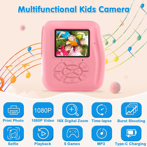 PROGRACE Kids Instant Print Camera, 1080P HD Photos & Videos, Perfect Birthday Gift for Boys & Girls Age 3-12 with 32GB