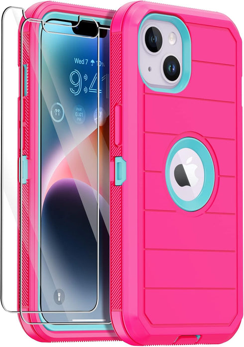 Annymall Heavy Duty Case for iPhone 14 with 2 Screen Protectors, Full Body Shockproof 3-Layer Rugged Cover - Rose/Light