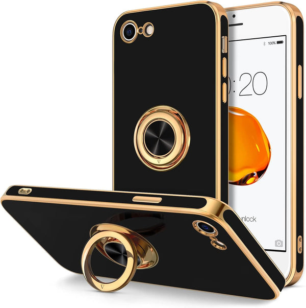 Hython Black Case for iPhone SE 2022/2020, iPhone 7/8, with Rose Gold Ring Holder, Shockproof TPU Bumper & Camera