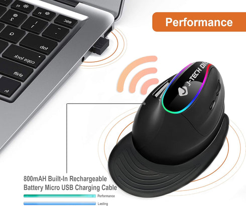 J-Tech Digital Ergonomic Mouse with Wireless Connection, Removable Palm Rest, Thumb Buttons, Rechargeable Battery, 800