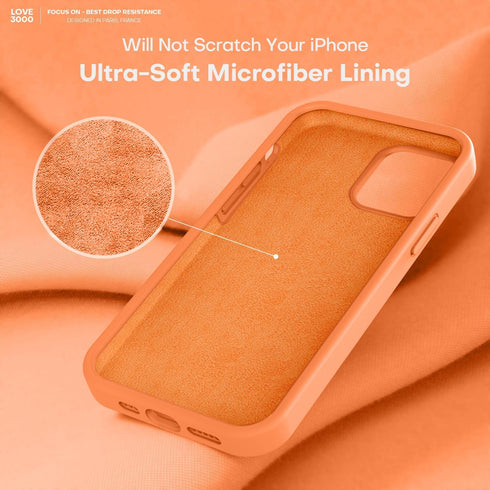 LOVE 3000 Bright Orange iPhone 12/12 Pro Case, Shockproof Silicone with Soft Anti-Scratch Microfiber Lining, 6.1"