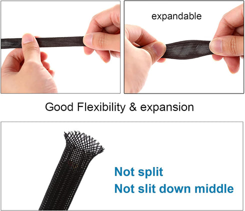 25ft 1.5 inch PET Expandable Braided Sleeving, Black, by Alex Tech