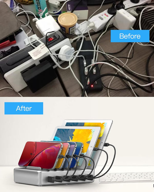 Charging Station for Multiple Devices - 6 Port Fast Charging Station for iPhone, iPad, Android, Tablet with 6 Mixed