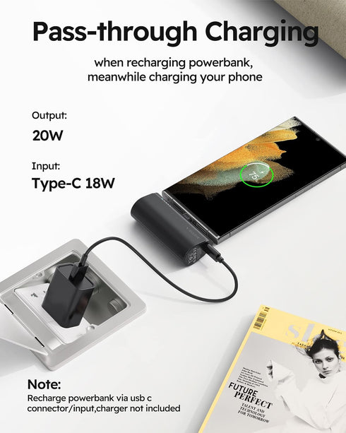VEGER 5000mAh Portable Charger, USB C Power Bank, Fast Charging 20W Mini Battery Pack for iPhone 16/15, Samsung Galaxy