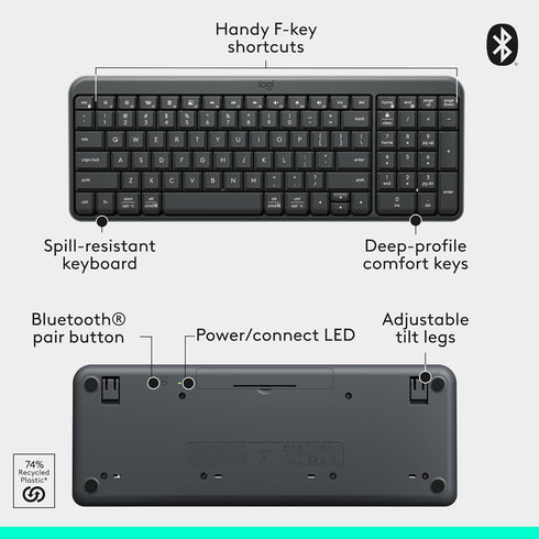 Logitech K250 Bluetooth Keyboard with Numpad, Easy Connectivity, Compact Wireless Keyboard Made with Recycled Plastic