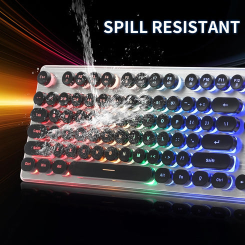 Typewriter Style Gaming Keyboard with Metal Panel, Rainbow LED Backlit, Round Keys, Light Up USB Wired Retro 104 Keys