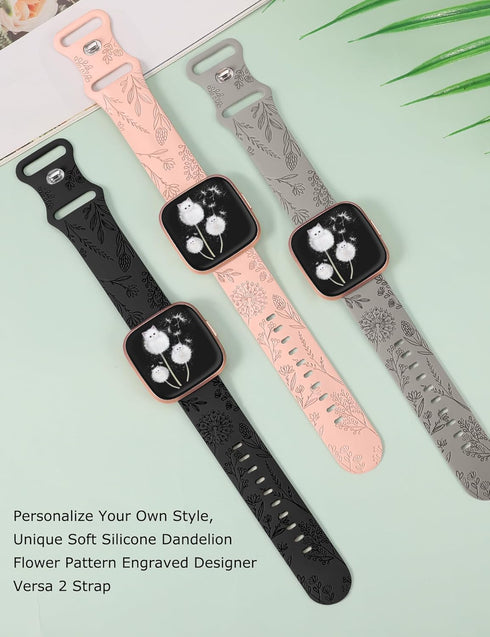 Minyee Floral Engraved Band Compatible with Fitbit Versa 2/Versa Lite, Soft Silicone Dandelion Flower Pattern Strap