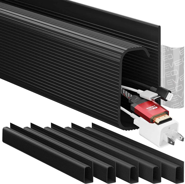 EVEO Cable Management Under Desk Kit (6 Units) - Cord Cover, Cable Hider, Self-Adhesive Cord Organizer Tray, Black
