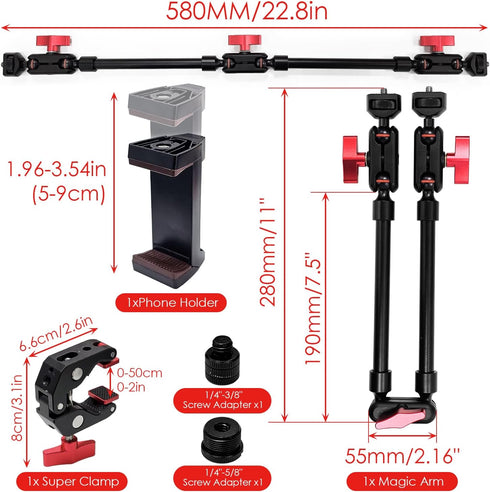 Socpuro 22" Magic Arm w Clamp Mount, Adjustable Overhead Phone Mount Stand, Articulating Friction Boom Arm w Thread