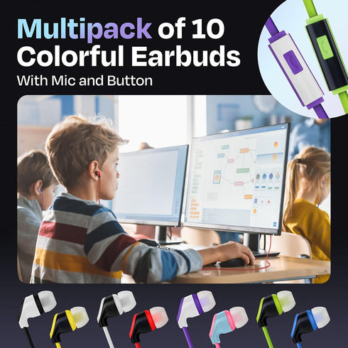 10x Multipack Earbuds with Microphone - Wired in-Ear Earphones for Schools, Libraries & More - Affordable Bulk