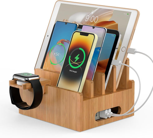 Pezin & Hulin Bamboo Charging Stand, Dock Organizer for Multi Devices with 5 Cables, No Power Charger Block