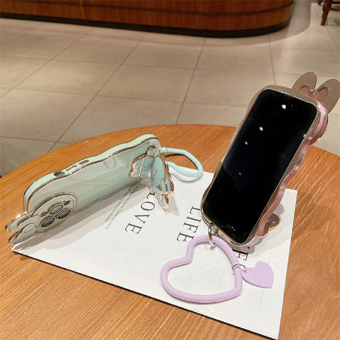 Cute Bunny Hidden Stand Phone Case Compatible with iPhone 11 Pro Max, 3D Rabbit Case with Heart Chain Bracelet - Pink