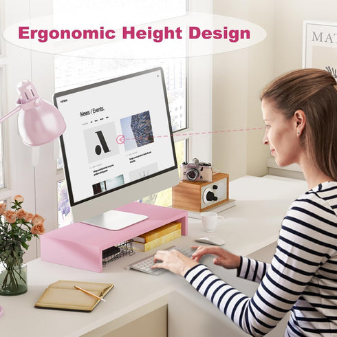 TEAMIX Pink Monitor Riser, 20L Inch Wood Stand for Desk, Sturdy TV/Screen/PC/Printer Riser with Storage (Pink, 20 inch)