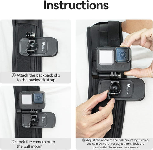 360 Swivel Backpack Clip Mount with Phone Holder, Bag Belt Shoulder Strap Accessory for GoPro Max Hero and DJI Action