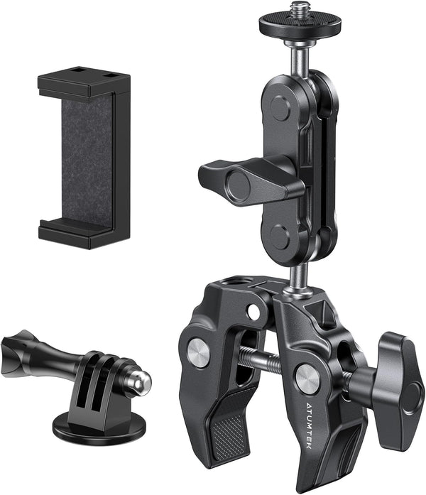 ATUMTEK Super Camera Clamp Mount with 1/4" and 3/8" Threads, Dual Ballhead Magic