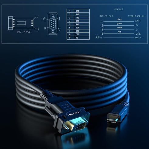 USB Type C to RS232 DB9 Serial Port Adapter Cable, FTDI Chipset, Supports Windows and Mac Linux