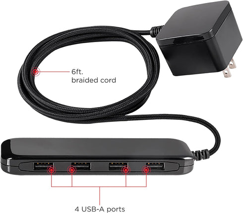 UltraPro Wall Charger, 4 Port USB Charger, 6 Ft Cord, Multi USB Charger Station, Black, 54734