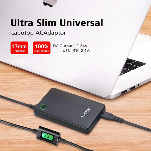 Universal Laptop Charger with LCD Display, 90W Slim AC Adapter Power Supply with USB Port for Most Notebooks