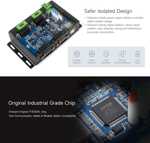 Waveshare Industrial Isolated USB to 4CH RS232 Converter (DB9 Female Interface), Adopts Original FT4232HL Chip,