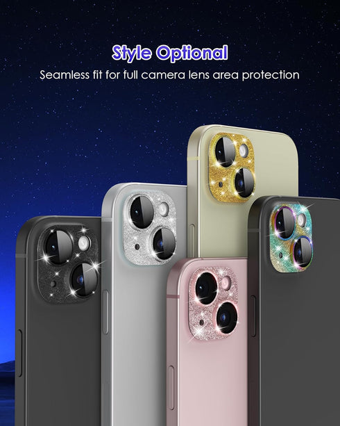 for iPhone 15 Plus/iPhone 15 Camera Lens Protector Glitter Plus Aluminium Alloy Ring 9H Tempered Glass Cover