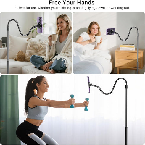 Kefotic Magnetic Gooseneck Phone Holder for Bed Laying Down, Height Adjustable Bedside Floor Stand with Flexible Arm