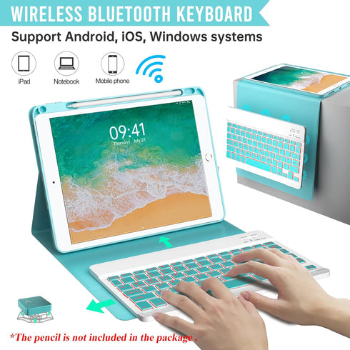 Keyboard Case for iPad 9.7 inch 5th 6th Generation - 360° Rotatable Case with 7 Color Backlit Bluetooth Keyboard, Lake