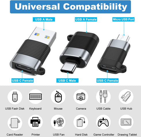 AreMe USB C Adapter (6 Pack), Micro USB Male to USB C Female, USB 3.0 Male to USB C Female, USB Type-C Male to USB 3.0 Female Converter Connector