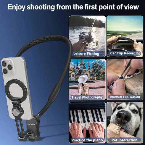 Magnetic Neck Phone Holder, 4 in 1 Neck Mount for Phones, Action Camera, Hand Free Cell Phone Neck Holder for Recording